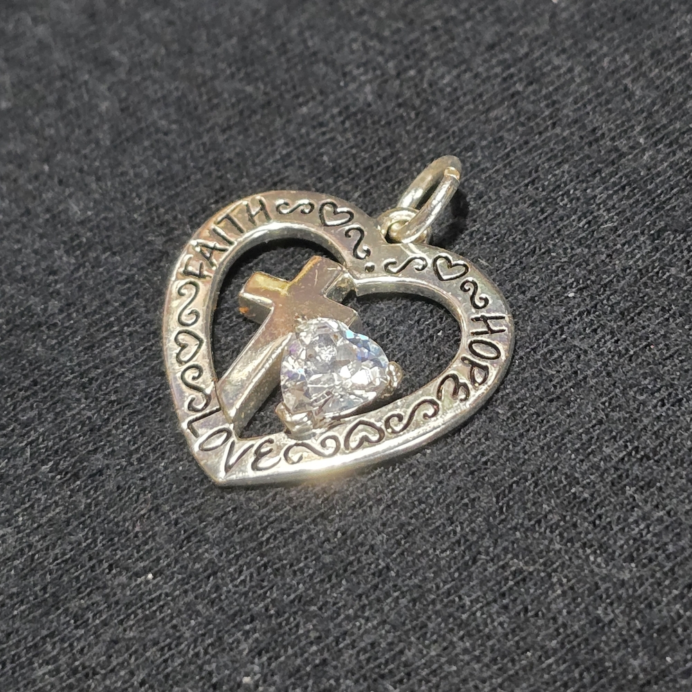 Silver Heart Pendant with Cross and Crystal Accent - Picture 8 of 8